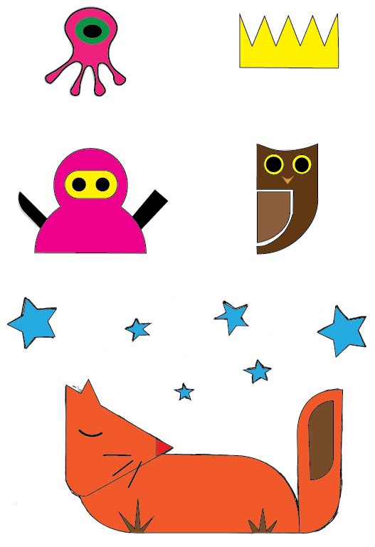 A colorful digital image using illlustrator featuring abstract shapes: a pink character with yellow eyes, a brown owl with yellow eyes, a red fox curled up, a yellow crown, blue stars, and a purple alien-like figure with tentacles.